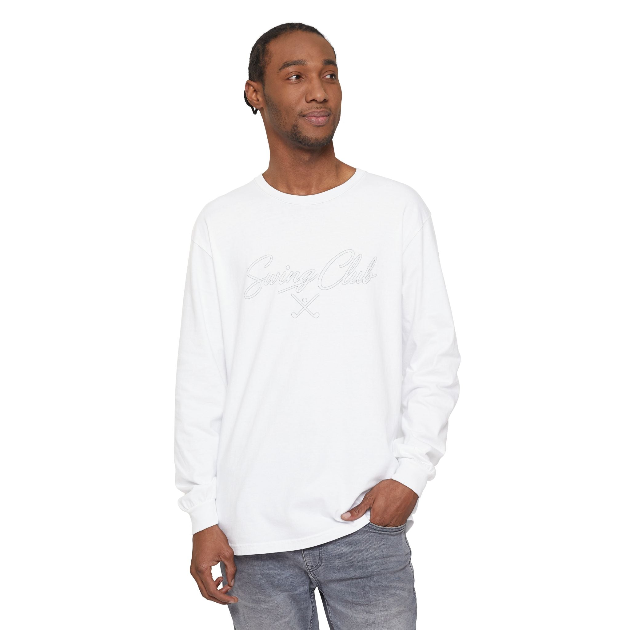 Swing Club Long Sleeve Tee — Subtle White Garment-Dyed Casual Shirt