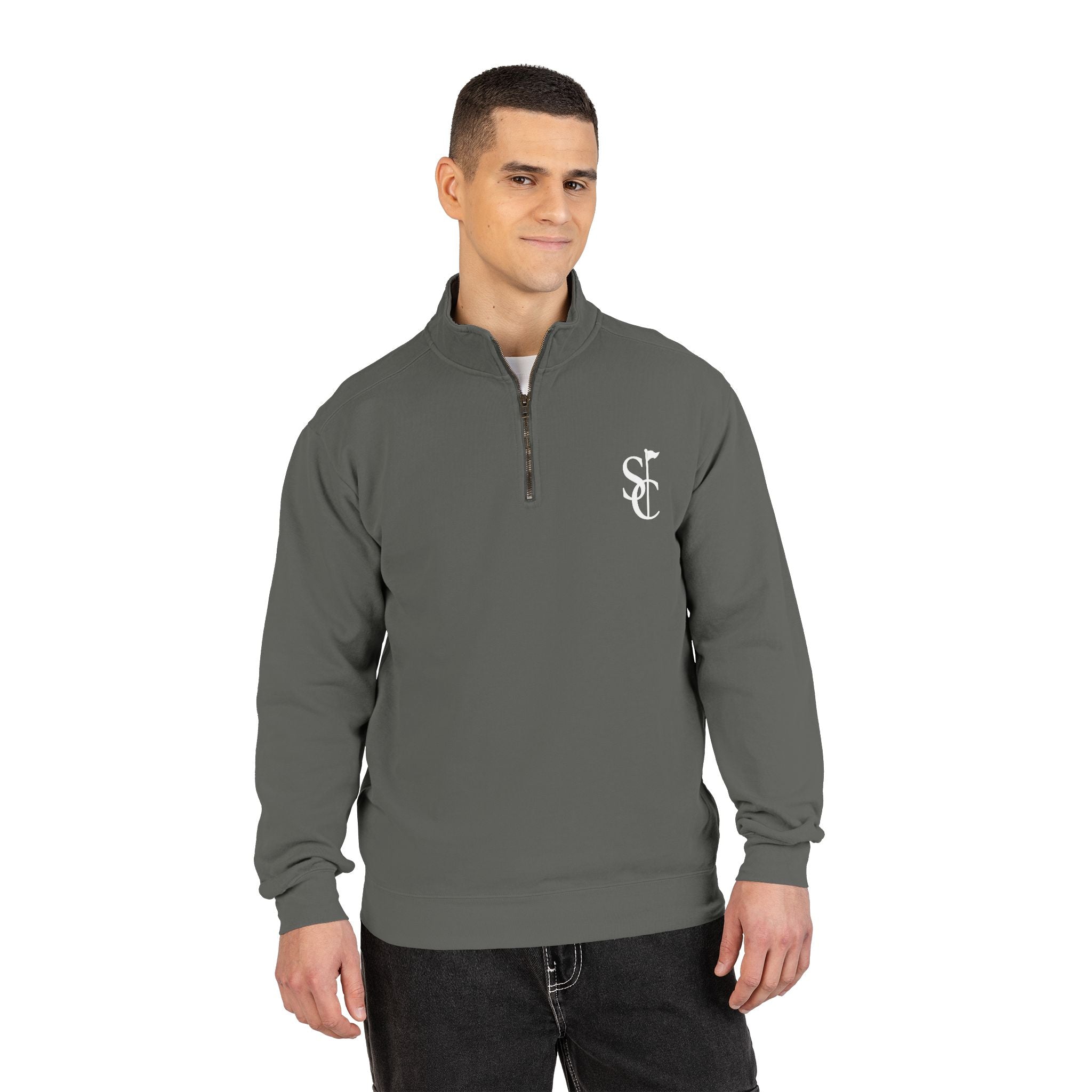Quarter-Zip Sweatshirt with SC Monogram – Minimal Vintage Logo Pullover