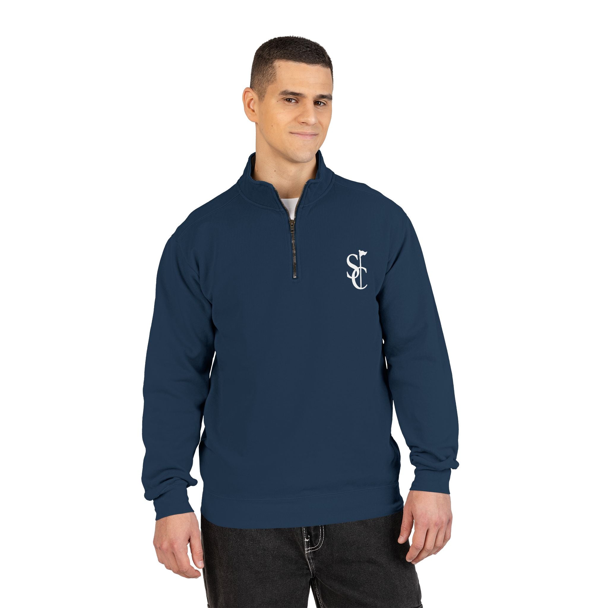 Quarter-Zip Sweatshirt with SC Monogram – Minimal Vintage Logo Pullover